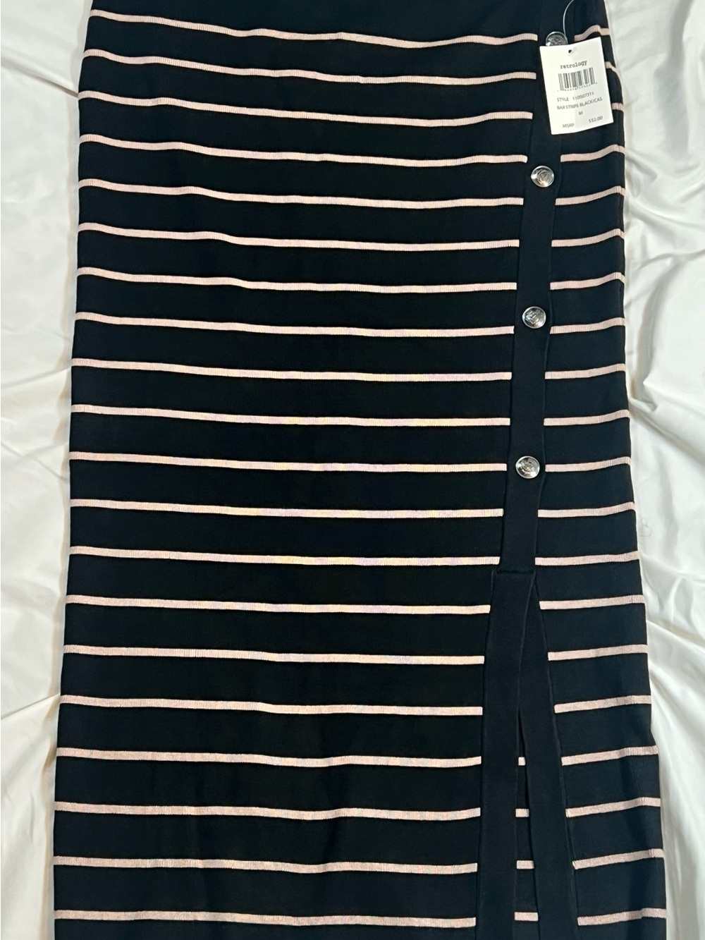 NWT Retrology Striped Black and Tan Button-Front Midi Skirt